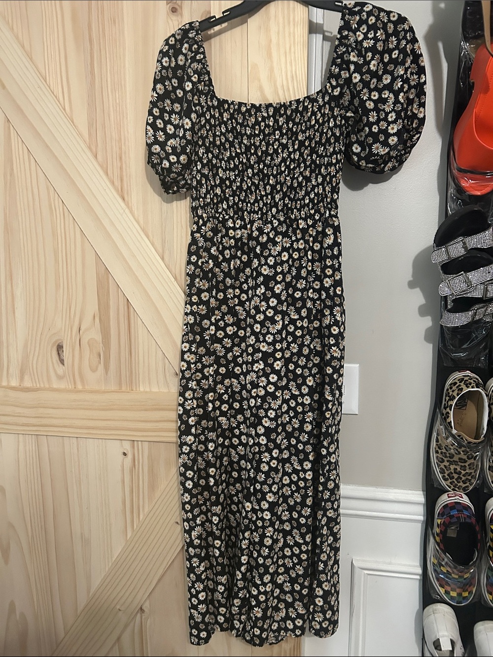 Black Daisy Print Smocked Midi Jumpsuit